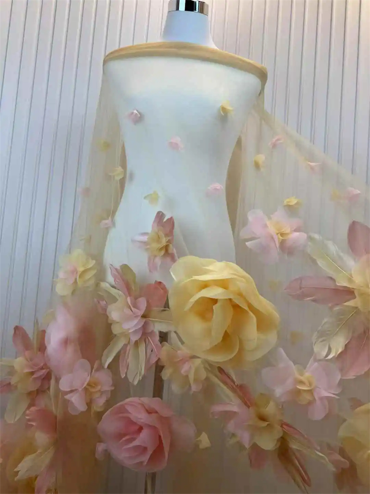 Embroidery Flower Pattern - African 3D Flowers and feather Fabric