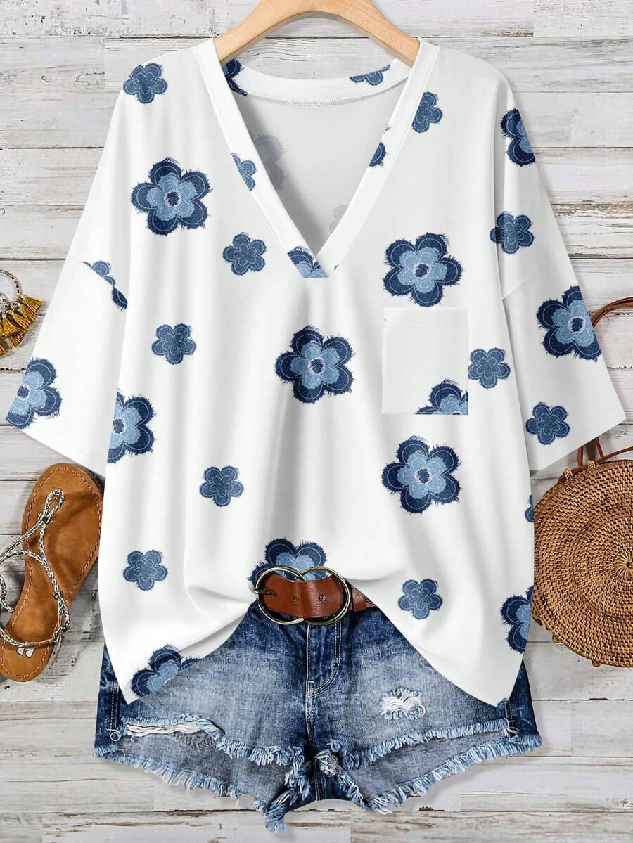 Embroidery Shirt - Floral Print Plus Size V-Neck Long