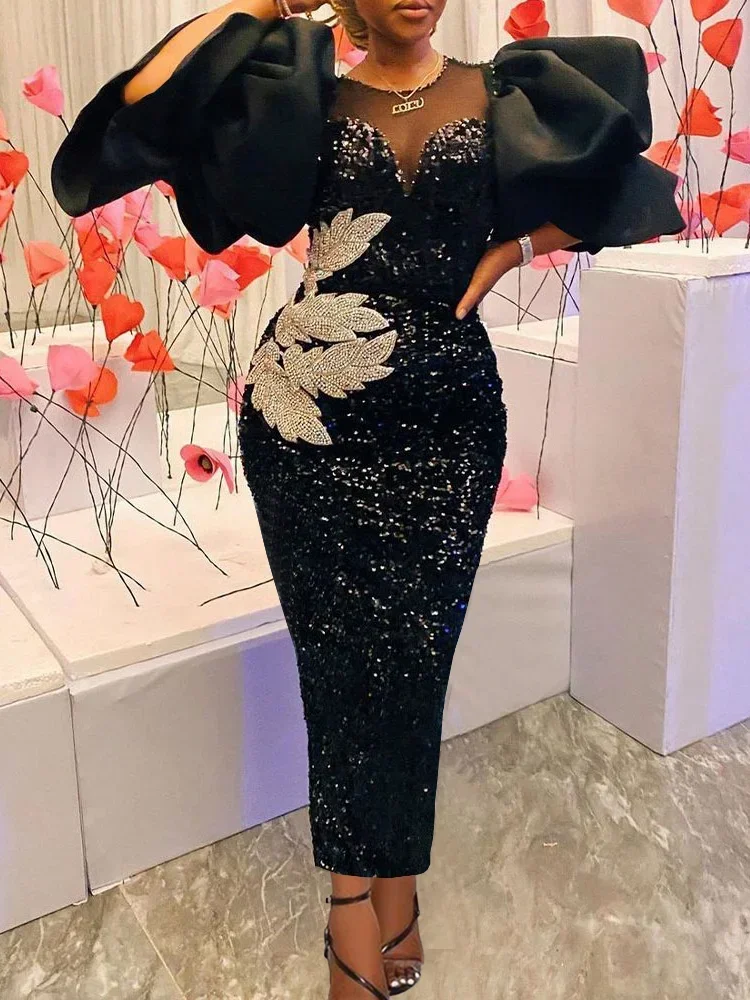 Embroidery Motif - Women Plus Size Dress Sequin Black