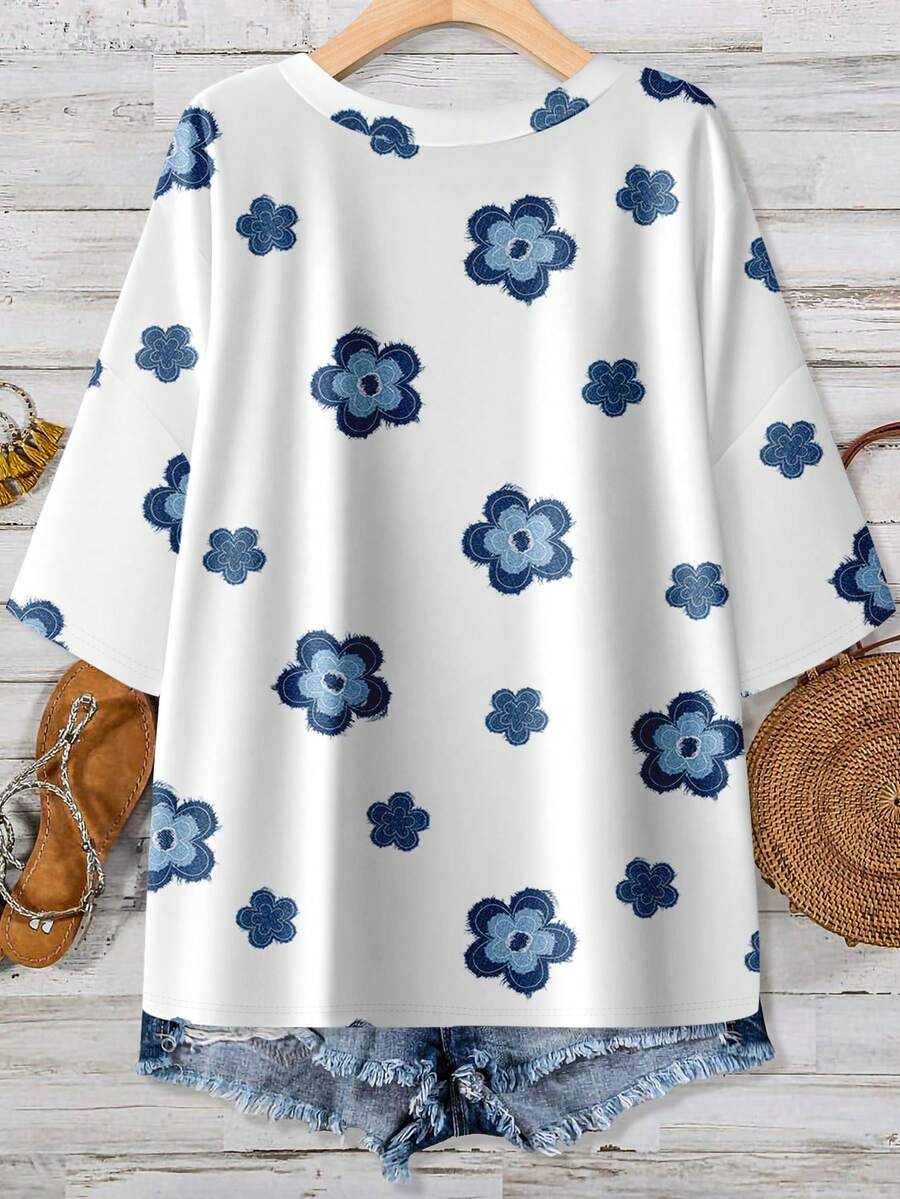 Floral Print Plus Size V-Neck  – обзор и цена Embroidery Shirt