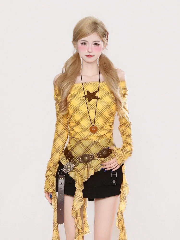 Y2K Plaid Slash Neck Vintage T – обзор и цена Embroidery Shirt